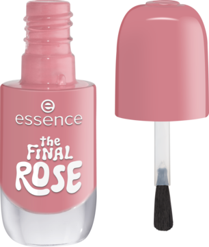 Żelowy lakier essence the FINAL ROSE 08, zgaszony róż. Otwarta butelka z pędzelkiem obok. Bliskie ujęcie.