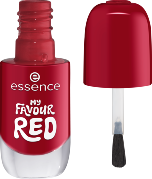 Lakier essence 14 'MY FAVOUR RED', żelowy, ciemnoczerwony. Butelka z otwartym aplikatorem pędzelkowym z boku.