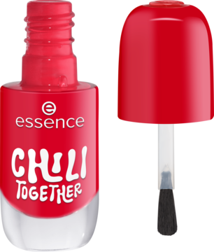 Czerwony lakier essence 16 CHILI TOGETHER. Butelka z czerwoną nakrętką i pędzelkiem. Błyszczące wykończenie.