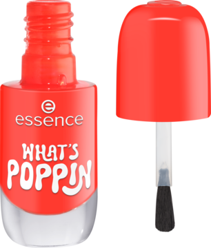 Żelowy lakier essence WHAT'S POPPIN, intensywny mandarynkowy, butelka i zbliżenie na innowacyjny pędzelek.