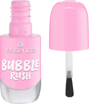 Lakier Essence BUBBLE RUSH, butelka z baby pink lakierem żelowym i pędzelkiem obok, widok z przodu.