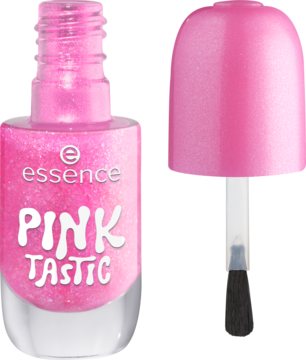essence 23 PINKTASTIC, różowy brokatowy lakier do paznokci w butelce, z odkręconą nakrętką i pędzelkiem obok.