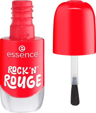 Czerwony, otwarty żelowy lakier Essence Rock 'N' Rouge, z widocznym pędzelkiem i białą rączką.
