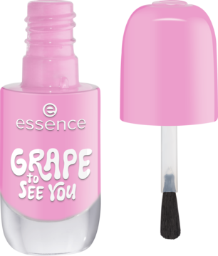 Otwarty lakier do paznokci Essence 29 GRAPE to SEE YOU, lawendowy róż, z pędzelkiem obok, żelowy połysk.