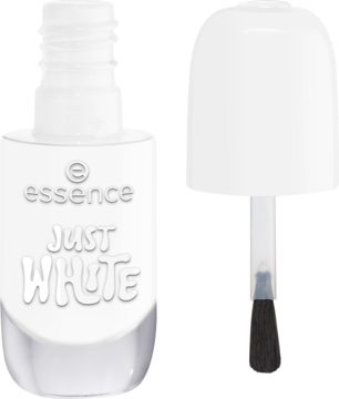 Otwarty biały lakier do paznokci essence 33 JUST WHITE z pędzelkiem obok. Żelowy połysk.