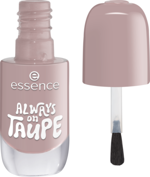 Lakier do paznokci essence ALWAYS on TAUPE, żelowy, szary beż, buteleczka z otwartą nakrętką i pędzelkiem.