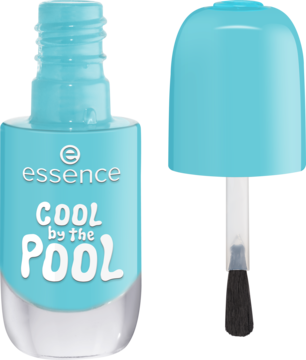 Zbliżenie na otwarty błękitny żelowy lakier essence COOL by the POOL z pędzelkiem obok, numer 39.