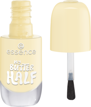 Lakier żelowy essence 40 my BUTTER HALF, pastelowo-żółty, butelka otwarta, pędzelek obok. Lśniące wykończenie.