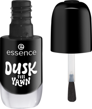 Czarne żelowe essence DUSK till YAWN lakier do paznokci, butelka z logo i obok pędzelek do aplikacji.