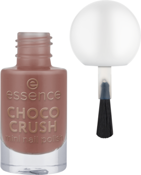 Mini lakier essence CHOCO CRUSH 17, czekoladowy brąz, butelka z pędzlem i białą nakrętką obok. Widok z przodu.