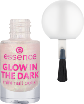 Lakier essence GLOW IN THE DARK mini, jasnoróżowy z brokatem, świecący w ciemności, z pędzelkiem obok.