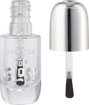 essence TOP GLOSS top coat w przezroczystej butelce, srebrne wieczko i otwarty pędzelek obok, widok z przodu.