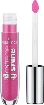 Widok z przodu różowego błyszczyka Essence Extreme Shine Volume z połyskiem, w tubce z wysuniętym aplikatorem.