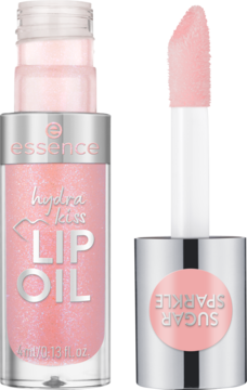 Otwarty błyszczyk Essence Hydra Kiss Lip Oil 4ml, różowy z brokatem, z wysuniętym aplikatorem Sugar Sparkle.