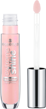 Jasnoróżowy błyszczyk Essence Extreme Shine Volume w przezroczystej butelce, z widocznym aplikatorem i srebrną nakrętką.