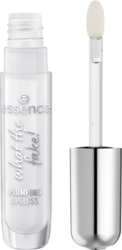 essence What The Fake! Plumping Lipgloss, przezroczysta tubka z białym tekstem, z wyciągniętym aplikatorem.