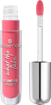 Różowy błyszczyk Essence What The Fake! Plumping Lipgloss. Przezroczysta tubka, obok aplikator z różową końcówką.