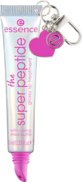 Essence The Super Peptide Glossy Lip Treatment w holograficznej tubce, różowy tekst, z masłem shea i breloczkiem.