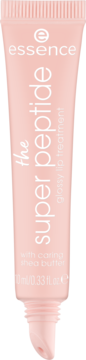 essence the super peptide glossy lip treatment w jasnoróżowej tubce z masłem shea. Widok z przodu, z widocznym aplikatorem.