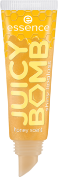 Essence Juicy Bomb błyszczyk 109 Bee Mine o miodowym zapachu, złota tubka z wzorem plastra miodu, widok z przodu.