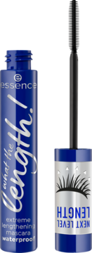 Niebieski tusz Essence What the Length! waterproof, otwarta tuba i wyjęta, czarna szczoteczka do rzęs.