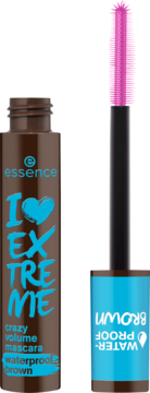 Otwarta maskara Essence I Love Extreme Crazy Volume Waterproof Brown, różowa silikonowa szczoteczka obok tuby.
