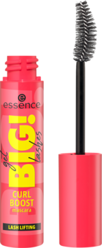 Otwarta różowa mascara Essence BIG! gel lashes curl boost z wyciągniętą szczoteczką, widok z przodu.
