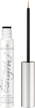 Essence what the Length! extreme lengthening mascara waterproof, białe opakowanie, otwarty aplikator z brązową szczoteczką.