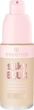 essence Silky Blur Hydrating Longwear Foundation, beżowy podkład do twarzy w butelce z różową pompką, widok z przodu.