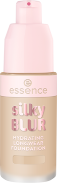 Essence Silky Blur Hydrating Longwear Foundation w beżowej butelce z różową pompką, metalliczny napis, widok z przodu.