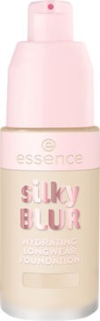 Essence Silky Blur Hydrating Longwear Foundation w beżowej butelce z różową pompką, widok z przodu.