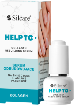 Silcare HELP TO Collagen Rebuilding Serum do zniszczonych paznokci, białe opakowanie z butelką i pipetą, widok pod kątem.