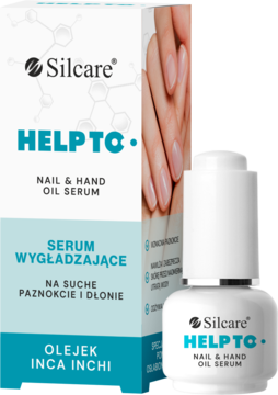Silcare HELP TO serum wygładzające na suche paznokcie i dłonie, biała butelka z pipetą obok pudełka.