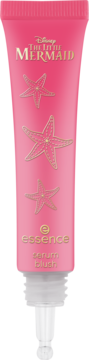 Różowy serum blush Essence Disney The Little Mermaid w tubce ze złotymi rozgwiazdami i aplikatorem.