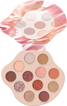 Paleta cieni Essence The Little Mermaid w kształcie muszli, otwarta, z 12 ciepłymi, matowymi i brokatowymi odcieniami.