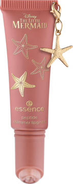 Essence The Little Mermaid peptide shimmer lipgloss w różowo-złotej tubce ze złotymi rozgwiazdami i zawieszką, widok z przodu.