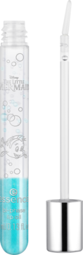 essence Disney The Little Mermaid bi-phase lip oil in a clear tube, blue liquid, Flounder design, applicator.