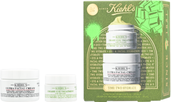 Świąteczny zestaw Kiehl's Time Two Hydrate: krem Ultra Facial i krem pod oczy z awokado w zielonym opakowaniu.