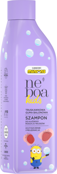 Fioletowy szampon Neboa Kids Minions Truskawkowa Guma Balonowa, butelka z Minionkiem i bąbelkami, widok z przodu.