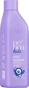 Fioletowy szampon Neboa Kids o zapachu jagodowej muffinki, z kreskówkowym potworkiem, widok z przodu.