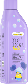 Fioletowy szampon Neboa Kids Jagodowa Muffinka dla dzieci, z wizerunkiem Minionka, widok z przodu. Ułatwia rozczesywanie.
