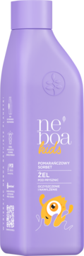 Fioletowy żel pod prysznic Neboa Kids Pomarańczowy Sorbet, butelka z pomarańczowym potworkiem na froncie.