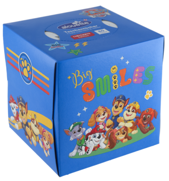 Niebieskie pudełko sześcienne Paw Patrol "Big SMILES" z kolorowymi postaciami, widok z przodu i boku.