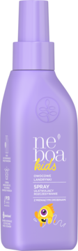 Fioletowy spray Neboa Kids do włosów, mieniący się. Z żółtą rybką, ułatwia rozczesywanie, owocowe landrynki.