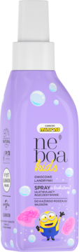 Fioletowy spray Neboa Kids z Minionkiem, ułatwiający rozczesywanie włosów, o zapachu owocowych landrynek, widok z przodu.