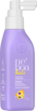 Fioletowy spray Neboa Kids z pompką, ułatwiający rozczesywanie, o zapachu owocowych landrynek, z brokatem.