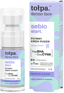 tołpa dermo face sebio start, płynny krem-puder matujący. Biało-liliowa butelka i kartonik, widok z przodu.