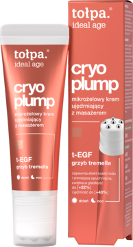 Tołpa Cryo Plump krem mikrożelowy w koralowej tubce i pudełku obok, z masującym aplikatorem. Widok z przodu.