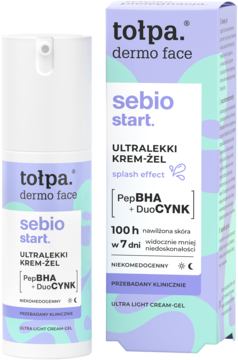 Tołpa dermo face sebio start krem-żel z PepBHA+DuoCYNK. Biała butelka z pompką i pudełko, nawilża i matuje.
