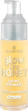 Żółty primer essence Glow Like Honey w butelce z pompką, widok z przodu, z napisem 'make-up gripping'.